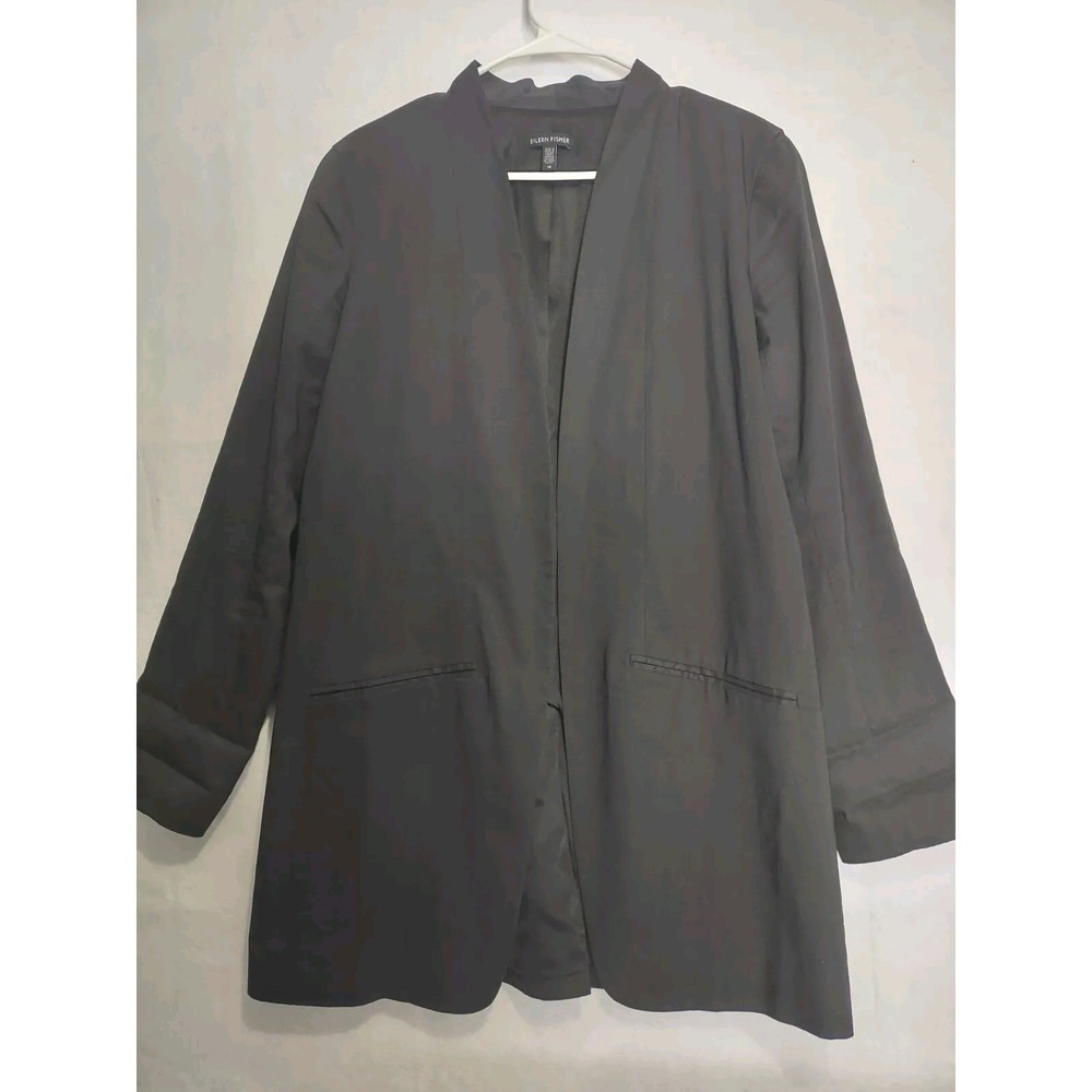 Eileen Fisher Blazer Women's  14  Open‎ Front Black Ramie Coat Silk Blend Lining